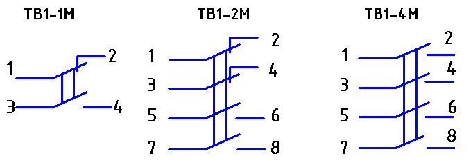 Электрические схемы коммутации ТВ1-1M, ТВ1-2, ТВ1-4M